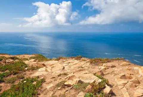 Atlantic ocean from Cabo da Roca, the western point of Europe, Portugal. Stock Photos