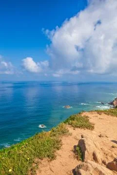 Atlantic ocean from Cabo da Roca, the western point of Europe, Portugal. Stock Photos
