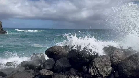 Atlantic Ocean coast. Huge waves crashing on big stones. Stock Footage 296403159