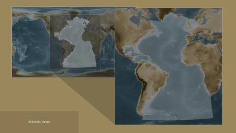 Atlantic Ocean. Location. Sepia map Stock Illustration