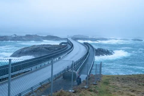 Atlantic ocean road in stormy weather Stock Photos