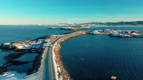 Atlantic Ocean Road in Winter, Scenic Drive on Snowy Norwegian Coast Stock Footage 315740358