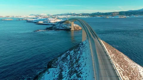 Atlantic Ocean Road in Winter, Scenic Drive on Snow Covered Atlanterhavsvegen, N Stock Footage 315740668