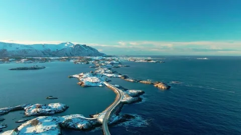 Atlantic Ocean Road in Winter,  Snow Covered Bridges and Icy Norwegian Coastline Stock Footage 315740512