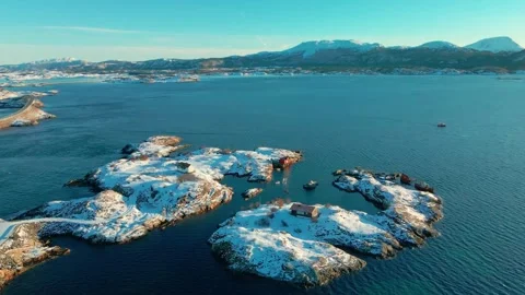 Atlantic Ocean Road in Winter, Snowy Norwegian Coastline and Bridges Stock Footage 315740357