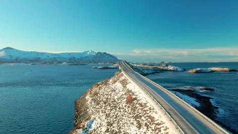 Atlantic Ocean Road in Winter, Snowy Coastal Highway in Norway Stock Footage 315740474