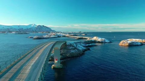 Atlantic Ocean Road in Winter, Snowy Coastal Drive in Norway Stock Footage 315740596