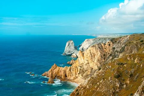 Atlantic ocean view with cliff. View of Atlantic Coast at Portugal, Cabo da R Stock Photos