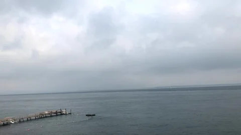 Atlantic Ocean View off West Chop, Marthas Vineyard, with Dock in Distance Stock Footage 96380934