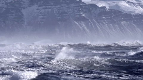 Atlantic Ocean waves splashing on mountain background Stock Footage 119004035