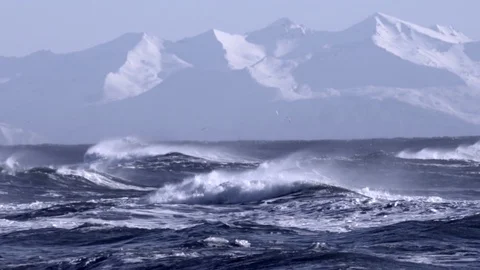 Atlantic Ocean waves splashing on mountain background Stock Footage 119004256