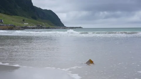 Atlantic ocean waves at the white sand beach in norway Stock Footage 294203464