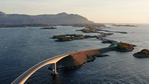 Atlantic Road in stunning sunset - drone video Video stock 124334990