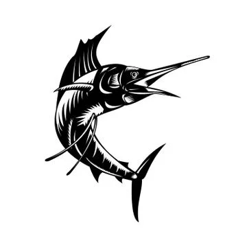Atlantic Sailfish Jumping Up Viewed From Side Woodcut Retro Black and White Stock Illustration