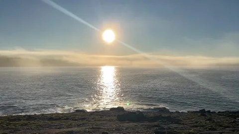 Atlantic sunset with a low layer of coastal fog and waves crashing Newfoundland 動画素材 343008448