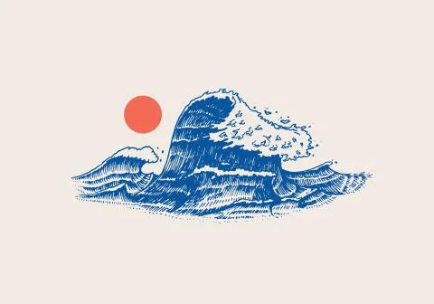 Atlantic tidal waves and red sun. Vintage old engraved hand drawn labels. Marine Stock Illustration