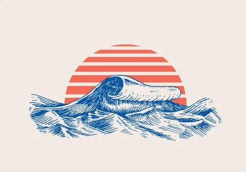 Atlantic tidal waves and red sun. Vintage old engraved hand drawn labels. Marine Stock Illustration