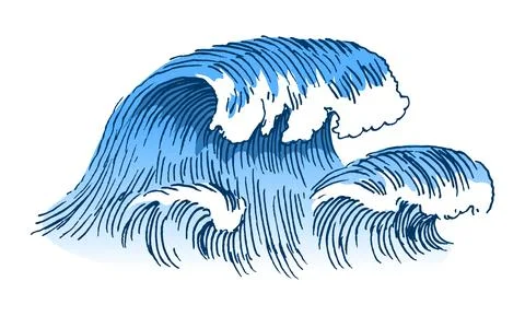 Atlantic tidal waves and red sun. Vintage old engraved hand drawn labels 스톡 일러스트