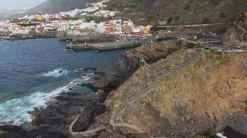 Atlantic Waves and Garachico Town View, Tenerife, 4K Aerial Stock-Footage 314735226