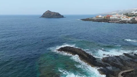 Atlantic Waves and Garachico Town View, Tenerife, 4K Aerial Stock Footage 314735243
