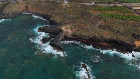Atlantic Waves and Garachico Town View, Tenerife, 4K Aerial Stock Footage 314735290