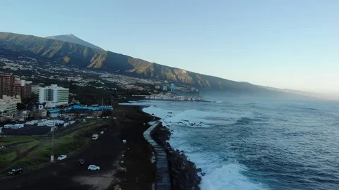 Atlantic waves on the background of mountains and sunset on island Stock Footage 105009699