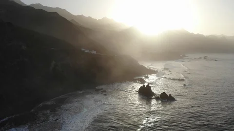 Atlantic waves on the background of mountains and sunset on island Stock Footage 105010668