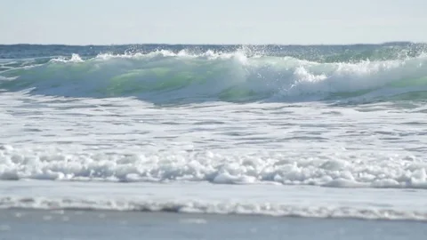 Atlantic waves breaking on beach midclose with horizon Stock Footage 83666445