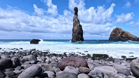 Atlantic Waves Crash on Volcanic Rocks – Madeira Coastline Stock Footage 318496742
