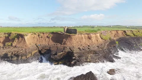 Atlantic Waves Eroding Coastal Cliffs and Farmland, Hook Peninsula, County Video stock 346197444