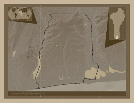 Atlantique, Benin. Elevation map colored in sepia tones with lakes and rivers Stock Illustration