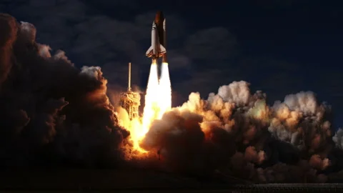 Atlantis Space Shuttle lift off into space a night or dusk Animation wide Video stock 151123522