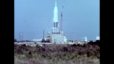 An Atlas ICBM Missile launches from a National Defense Area, in a desert, in Stock Footage
