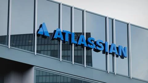Atlassian Stock data presented on the logo of the office facade editorial Stock Photos