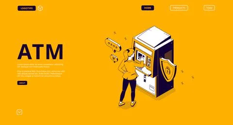Atm, automated teller machine isometric landing 스톡 일러스트