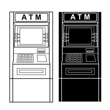 ATM Automated Teller Machine in Outline and Silhouette Style Stock Illustration