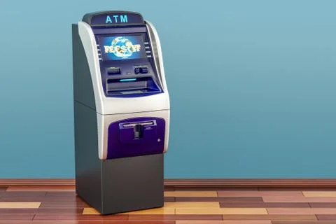 ATM, automated teller machine in room on the wooden floor, 3D rendering Stock Illustration