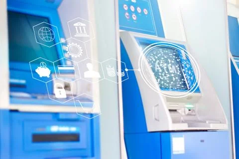 ATM automatic machines with global network banking icon Photos