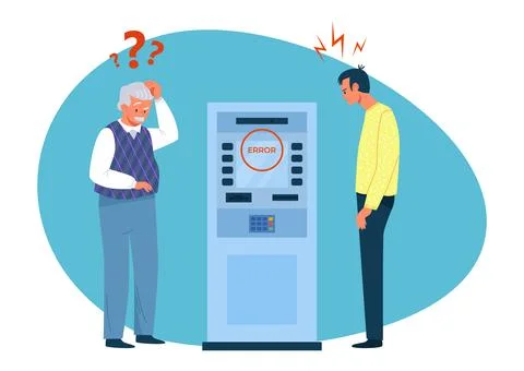 Atm, bank machine error, vector illustration, flat man people character use Stock Illustration