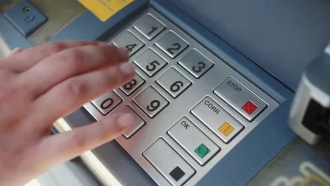 ATM Banking. Enter pin code in cash machine. Close up of person typing personal Stock Footage 159798137