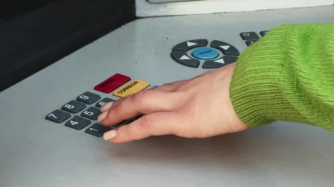 ATM Banking. Enter pin code in cash machine. Close up of person typing personal Stock Footage 266311930
