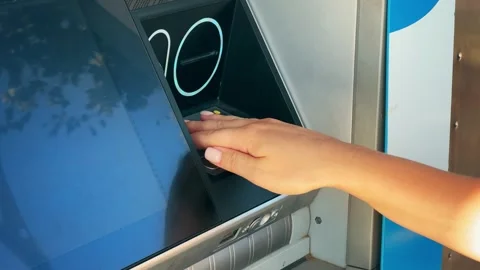 ATM Banking. Enter pin code in cash machine. Close up of person typing personal Stock Footage 296368621