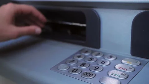 ATM concept. Enter pin code in cash machine. Close up of person typing personal Stock Footage 188679931