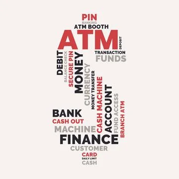 ATM Dollar Sign Word Cloud, Financial Banking ATM machine and transaction c.. Illustration