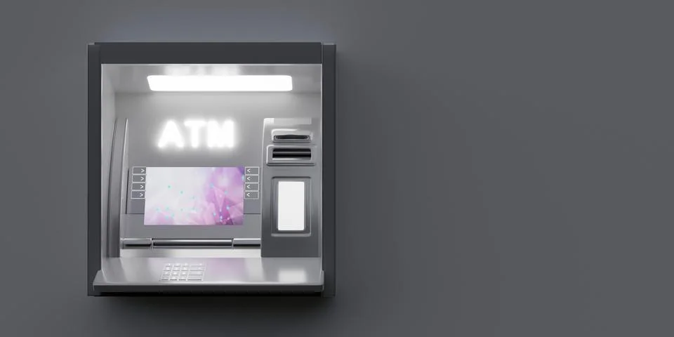 ATM on empty grey background. Illuminated Automated Teller Machine at night,  Stock Illustration