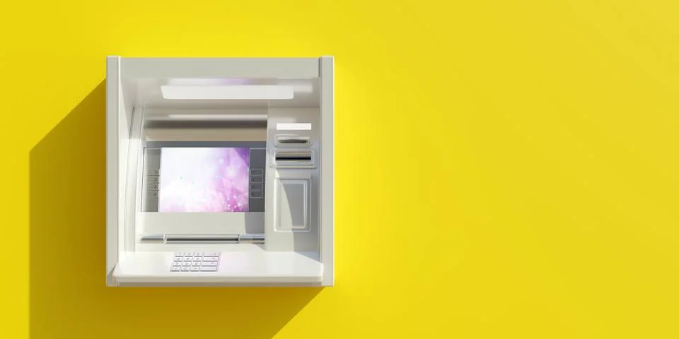 ATM on empty yellow lime wall background. Automated Teller Machine, public ba Stock Illustration