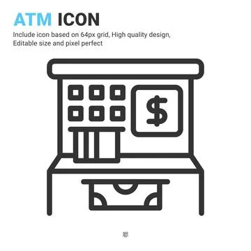 ATM icon vector with outline style isolated on white background Illustrazione stock