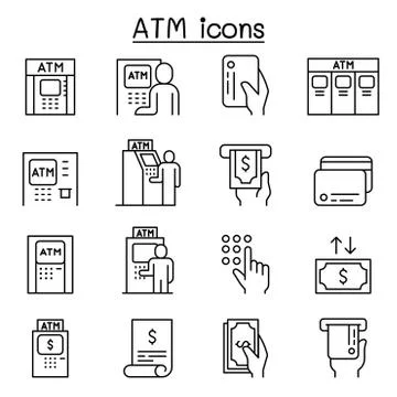 ATM icons set in thin line style Stock Illustration