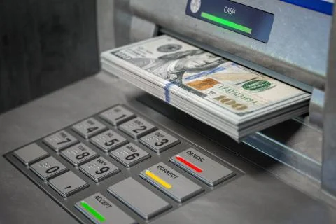 ATM machine and dollars. Withdrawing  dollar banknotes. Stock Illustration