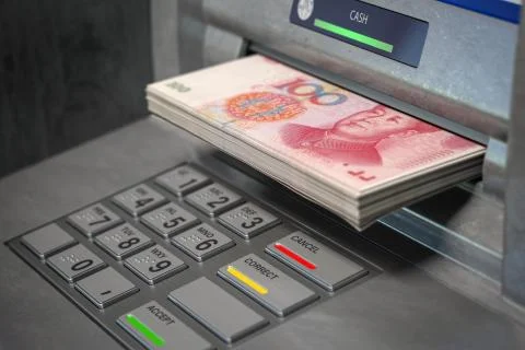 ATM machine and yuan. Withdrawing  100 yuan banknotes. Banking concept. Stock Illustration